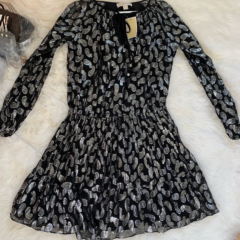 New Michael Kors Silver Paisley Metallic Dress small